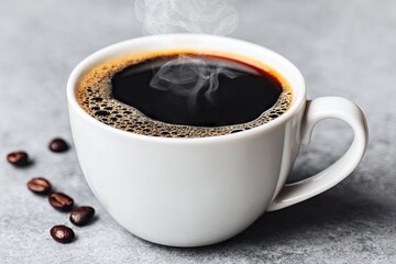 Steaming black coffee in white cup, coffee beans
