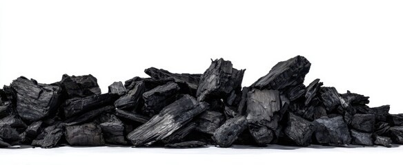 The black charcoal pile ready for grilling and outdoor cooking.