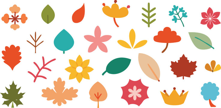 Vector art of a vibrant collection of colorful autumn leaves and floral elements isolated on transparent background.