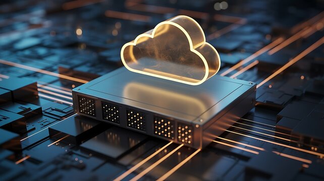 Glowing Cloud Icon on Futuristic Server; Abstract Data Center Technology Concept