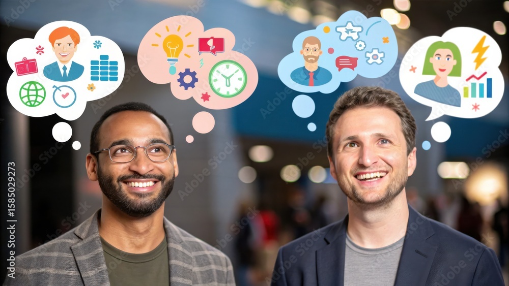 Poster virtual team management two men smiling with thought bubbles depicting various ideas and concepts.