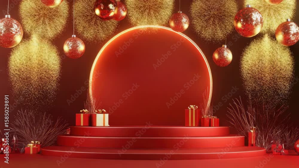 Aufkleber a red stage with a red circle in the middle. there are many red balls hanging from the ceiling