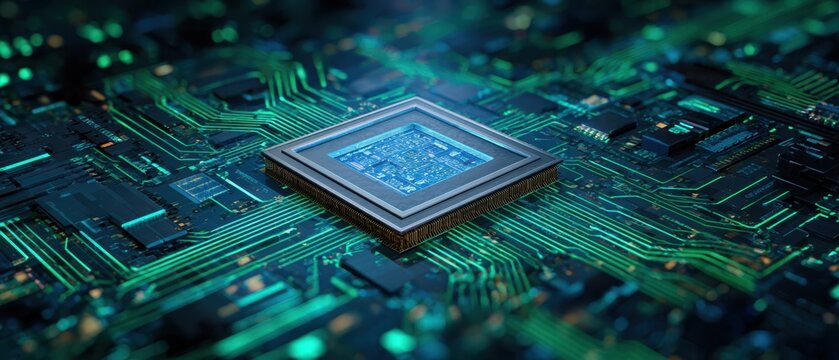 The intricacies of a microchip on a green and blue circuit board. - Powered by Adobe