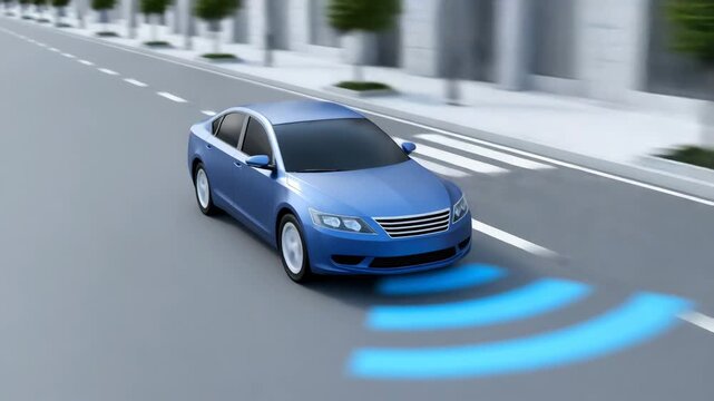 A self-driving car smoothly navigating a city street. Advanced driver-assistance systems (ADAS) enhance safety and promote innovation