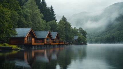 Fototapeta premium Serene lakeside cabins surrounded by lush greenery. Quiet waters reflect the beauty of nature. A peaceful retreat awaits in this tranquil setting. Generative AI
