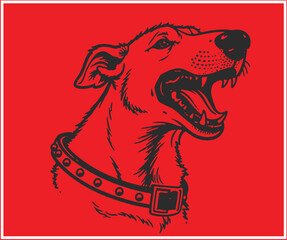 Illustration of an Angry Dog Head with Collar on a Red Background