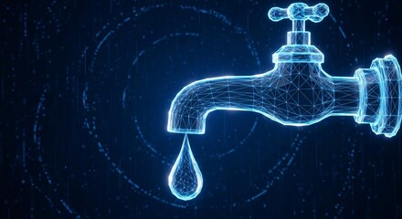 A digital rendering of a faucet with a water droplet against a dark blue abstract background design