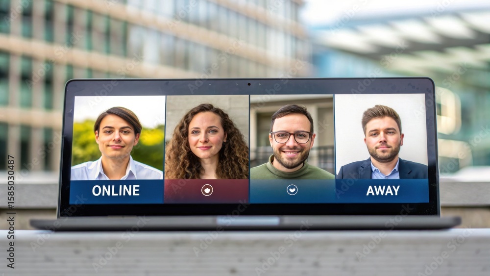 Poster virtual team management laptop displaying a video call with four participants showing various status