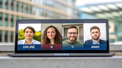 Virtual Team Management Laptop displaying a video call with four participants showing various status indicators.