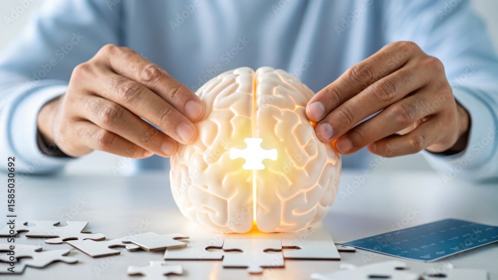 Poster virtual team management a person holds a glowing brain puzzle, symbolizing problem-solving and menta