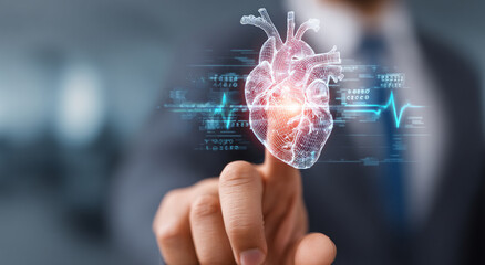 Businessman focused on cardiology hologram, future medical health care technology