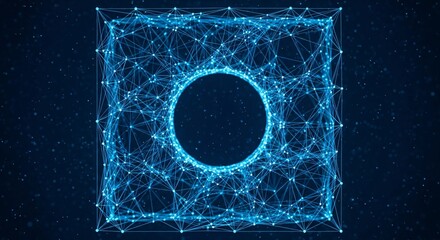 A glowing blue cube with a circular hole in the center made of connected lines and dots in space
