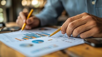 Business data analytics, plan, and financial report concept: Businessman using KPI dashboard with data analytics graph, business growth, and digital marketing plan, market research.