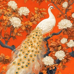Elegant white peacock with golden tail perched in floral tree