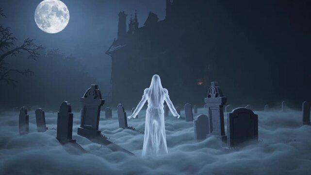 Ghostly figure in a foggy graveyard under a full moon facing a dark mansion