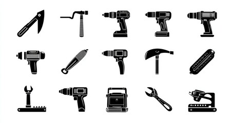 A collection of sixteen monochrome icons depicting various hand and power tools, including drills, wrenches, axes, and a staple gun, rendered in a simple, flat style