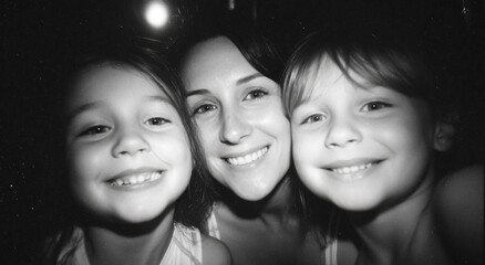 Happy family selfie of mother with son and daughter smiling with love
