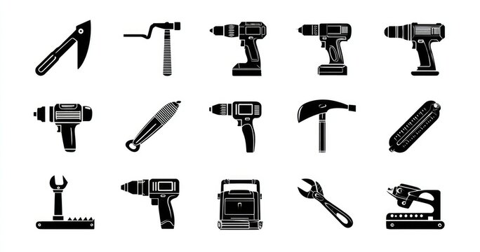 A collection of sixteen monochrome icons depicting various hand and power tools, including drills, wrenches, axes, and a staple gun, rendered in a simple, flat style