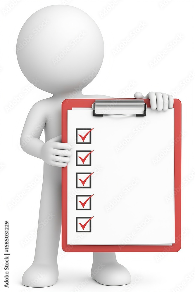 Poster white 3d man character holding a red clipboard with a checklist and five red checkmarks