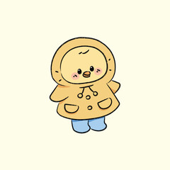 Cute Chick in Raincoat Illustration.Adorable.Chick Character.Vector.Kawaii.hand drawn.