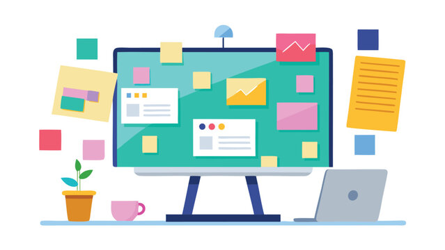 Illustration of a computer monitor with sticky notes and a laptop on a desk with a plant and cup