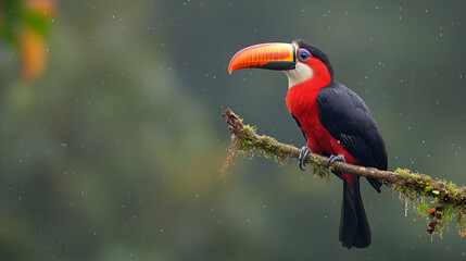 Obraz premium A beautiful toucan with a colorful beak rests peacefully on a lush, green branch amidst falling droplets.