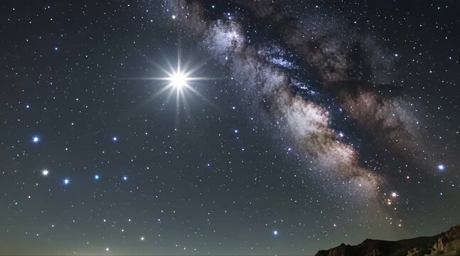 The bright star Sirius shining prominently in the night sky above the Milky Way galaxy, captured in high clarity. HD, 4K, HD video.
