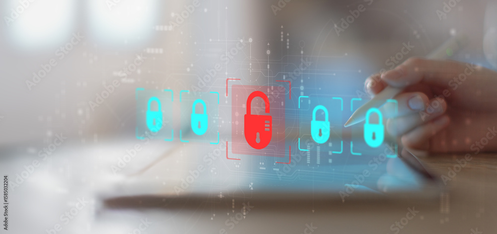 Poster cybersecurity threat detection and data protection visualization on digital tablet.