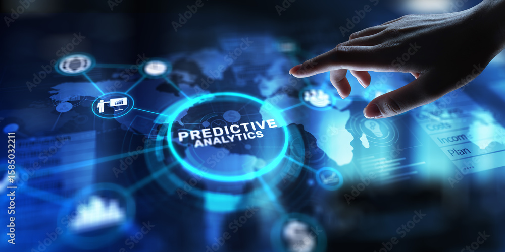 Poster predictive analytics leveraging data for future insights, projection on a virtual screen, business a