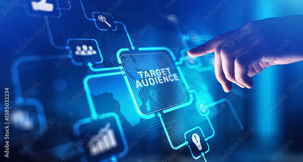Poster target audience identifying and engaging key consumer groups, projection on a virtual screen, busine