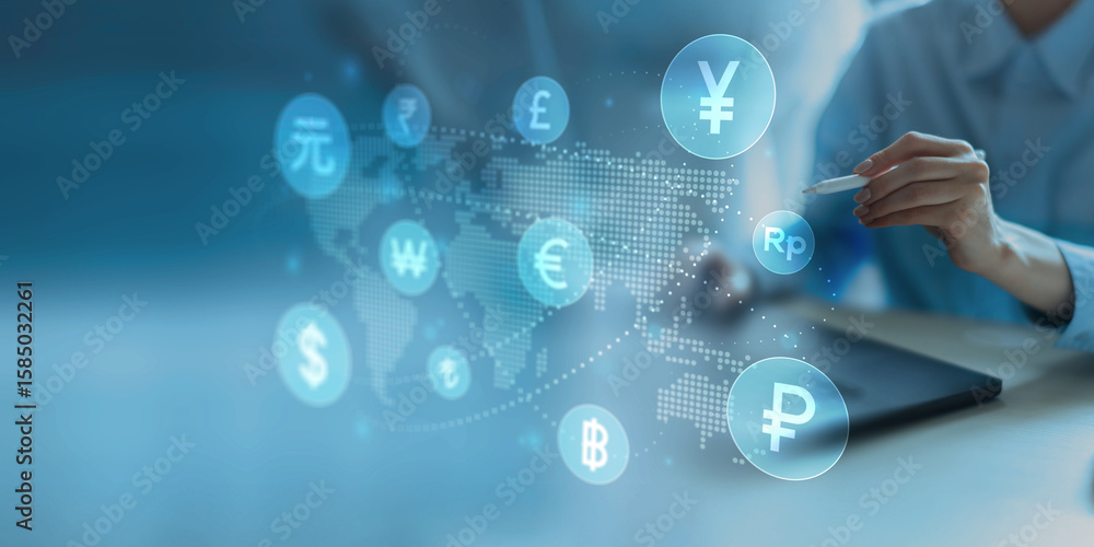 Poster global currency exchange and digital payment system interface with world map background.