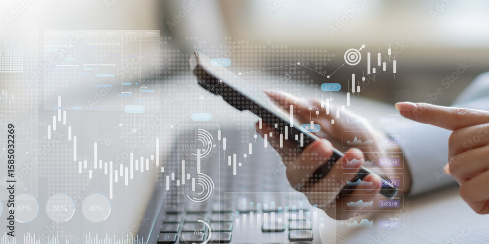 Aufkleber stock market data visualization and financial trading analytics dashboard on touchscreen tablet.