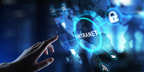 Intranet Enhancing Internal Communication and Collaboration, projection on a virtual screen, Business and Technology Concept.