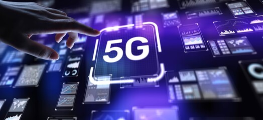 5G Next-Generation Mobile Connectivity, projection on a virtual screen, Business and Technology Concept.