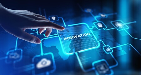 Innovation Driving Business Growth and Technological Advancement, projection on a virtual screen,...