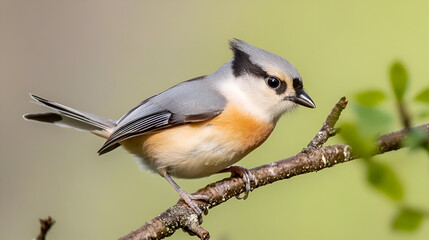 Fototapeta premium A delicate woodland bird with a prominent head crest rests peacefully on a rugged tree limb.