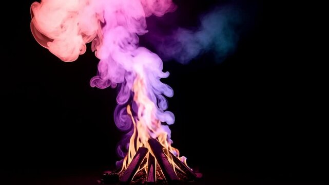 Abstract Fire and Smoke Forming Colorful Shapes on Black Background