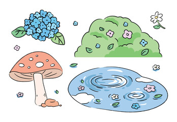 Set of Nature green grass and bushes on white background.Illustration.Vector.Kawaii.hand drawn.