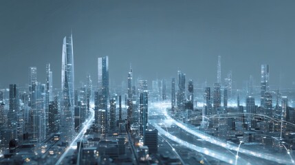 Naklejka premium Modern City Skyline with Tall Buildings and Light Trails