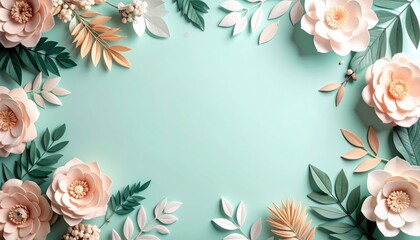 Fototapeta premium Floral arrangement display soft pastel background paper craft indoor setting top view aesthetic design for home decor