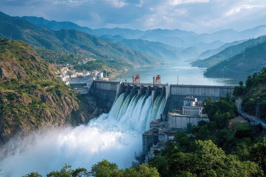 A massive dam in a mountainous valley, water cascading powerfully over its spillways, creating a misty spectacle