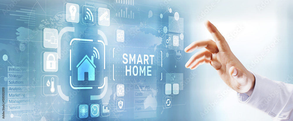 Poster smart home control panel on virtual screen. iot and automation technology concept.