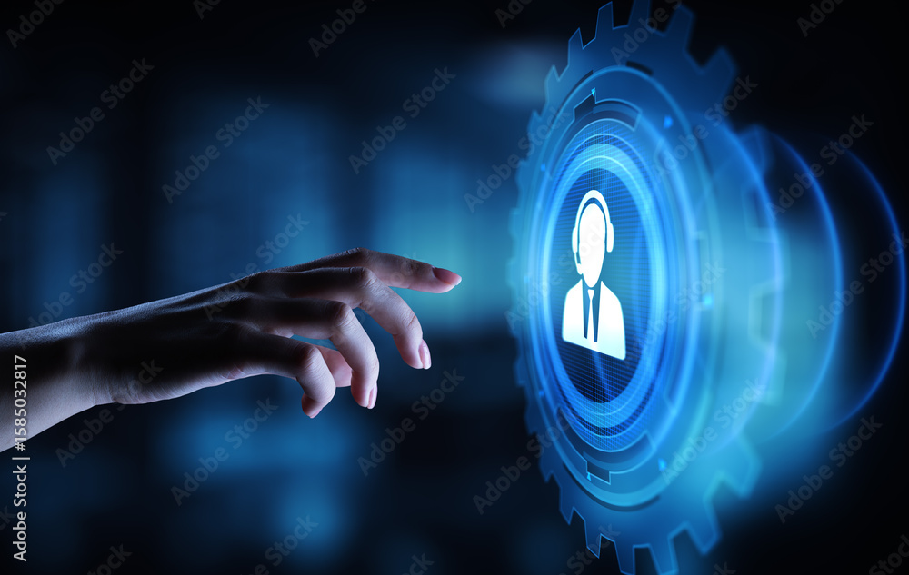 Poster support button on virtual screen. customer service and communication concept.