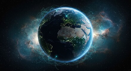 Obraz premium Earth planet rotating in space showing illuminated continents and a vibrant galactic background creating a world network.