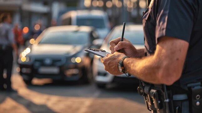Police officer writing accident report at car crash scene, law enforcement and investigation concept