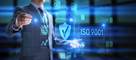ISO 9001 Standard certification standardisation quality control concept on screen.