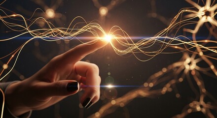 A hand touching glowing strands with neural network and dark background in a futuristic scene