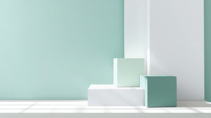 minimalist background with white and mint green color blocks, soft natural shadow, clean skincare style