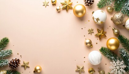 Festive christmas decoration arrangement elegant holiday setting image of ornaments and pinecones warm color palette top view celebration concept