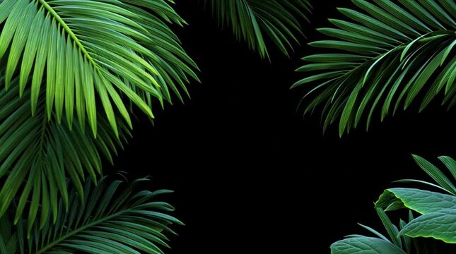 Tropical palm leaves frame on black background, isolated foliage for design and copy space